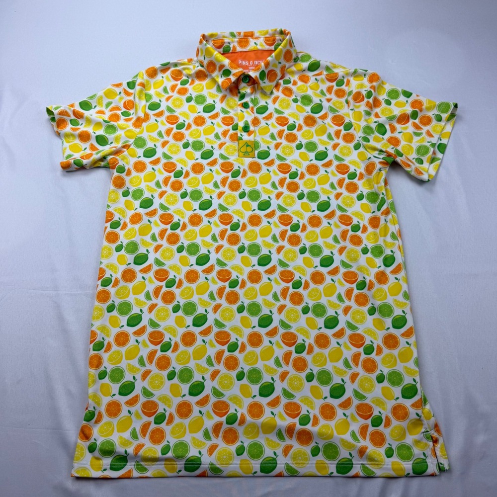 Pins & Aces Golf Polo Mens‎ Small White Orange Citrus Fruit Print Short Sleeve